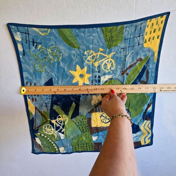Vintage Silk Scarf Abstract Bicycle & Floral 18" Square Blue/Green Hand Rolled - Picture 4 of 4